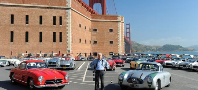 SL Reunion vor der Golden Gate Bridge: Wie vor 50 Jahren:  Für ein legendäres Gruppenbild vor der berühmten Golden Gate Bridge versammelten sich über 100 Mercedes SL 
